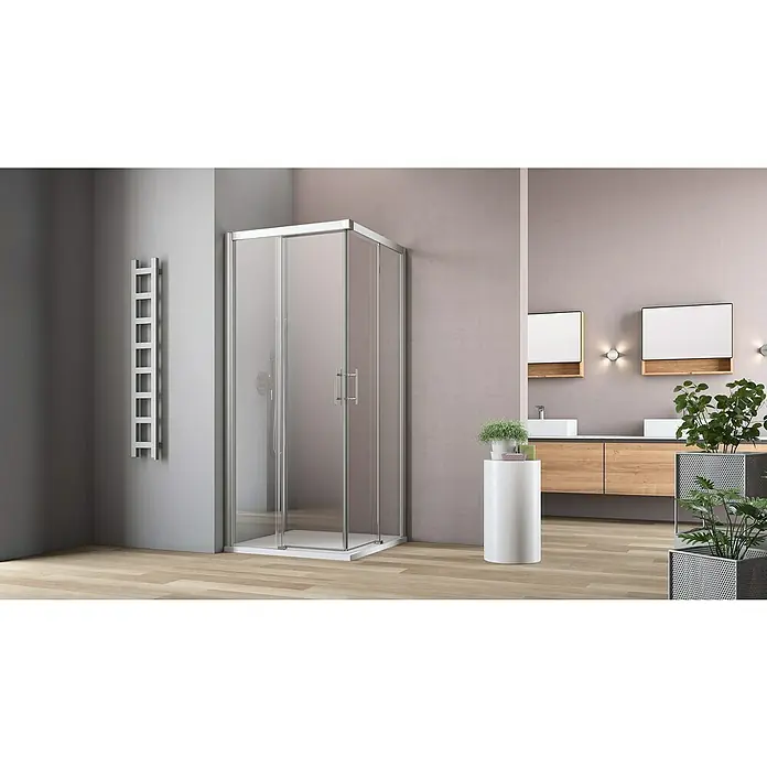 GEO Hit Eckdusche B-ES60 - 80 x 100 x 200 cm, Beschichtet, Platin-Silber, Glasstärke: 6 mm, DIN Anschlag: Links/Rechts - Elegante Badezimmeransicht mit einer modernen Duschkabine aus Klarglas, die durch ihr minimalistisches Design und hochwertige Verarbeitung besticht.