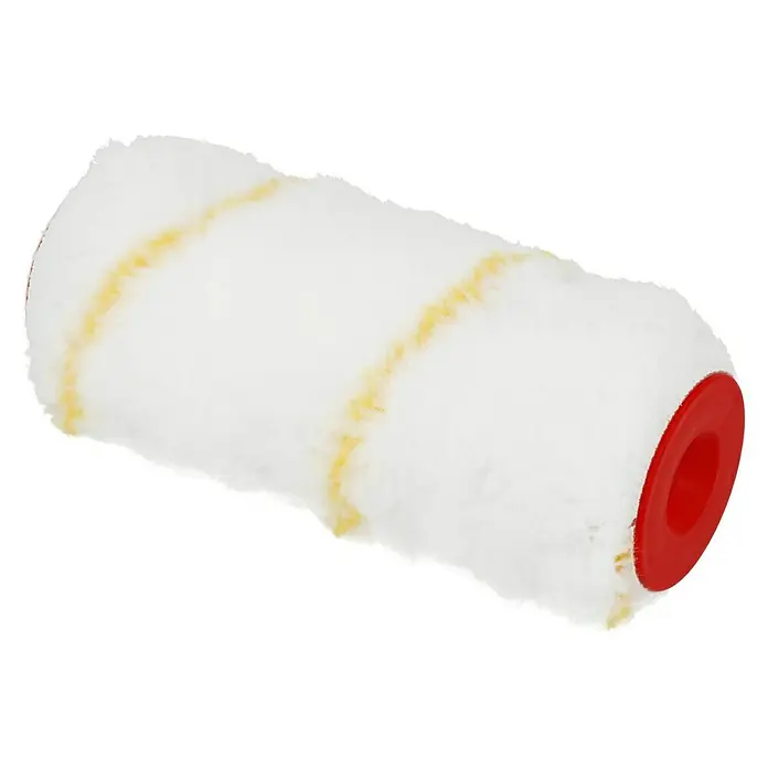 swingcolor Premium Farbwalze - Breite Walze: 18 cm, Bügelstärke: 8 mm, Florhöhe: 18 mm - Nahaufnahme einer weißen Farbwalze mit gelben Streifen und roter Endkappe, ideal für präzises Malen.