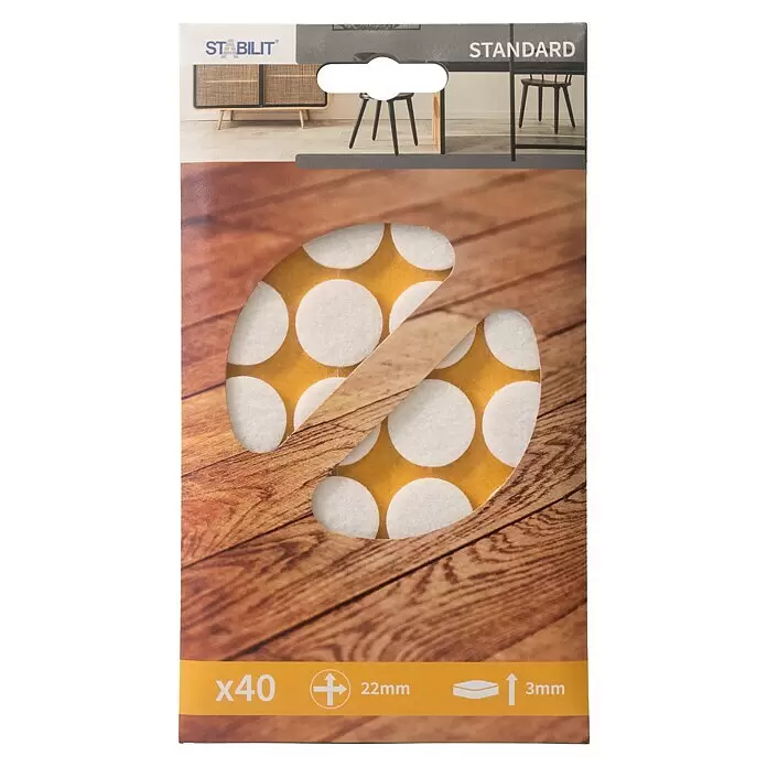 Stabilit Filzgleiter - Durchmesser: 22 mm, Weiß, Kleben, 40 Stk. - Runde weiße Filz-Möbelgleiter mit gelbem Kleber, 22mm Durchmesser, 3mm dick, 40 Stück.