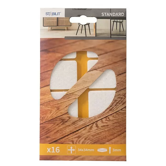Stabilit Filzgleiter - B x L: 34 x 34 mm, Weiß, Kleben, 16 Stk. - Verpackung für 16 quadratische weiße Filz-Möbelgleiter, 34x34mm, 3mm dick, mit gelblicher Kleberückseite.