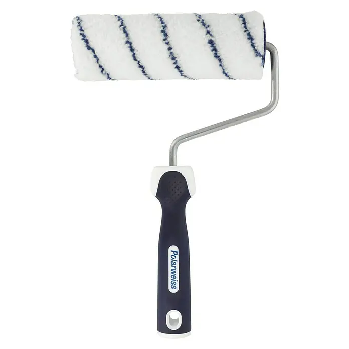 SCHÖNER WOHNEN-Farbe Profi-Farbroller Polarweiß - Breite Walze: 18 cm, Bügelstärke: 8 mm - Farbenfrohe Nahaufnahme einer Farbwalze mit blauem Griff, ideal für Malerarbeiten und DIY-Projekte.