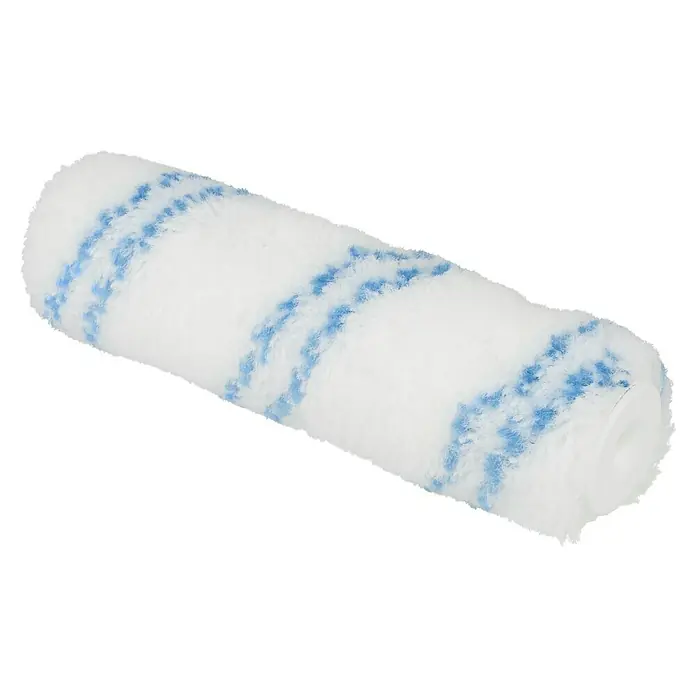 Profi Depot by Storch-Ciret Farbwalze K30 LoTex - Breite Walze: 15 cm, Bügelstärke: 6 mm, Florhöhe: 12 mm - Nahaufnahme einer Farbwalze mit weißen und blauen Streifen, die zum Auftragen von Farbe auf Oberflächen verwendet wird.