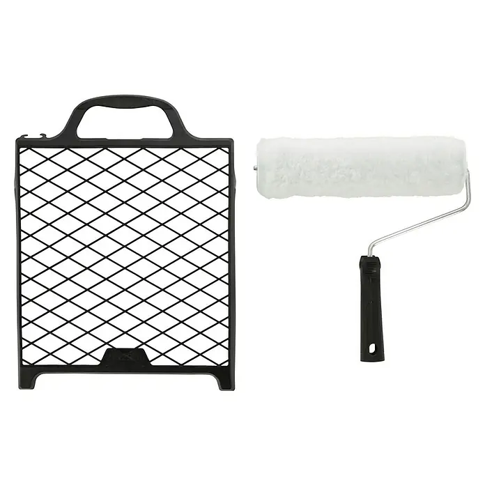 Farbroller-Set - 3 -tlg., Breite Walze: 25 cm - Ein Set aus einem schwarzen Farbrollergitter und einem Farbroller mit weißem Bezug, ideal für Malerarbeiten im Innenbereich.