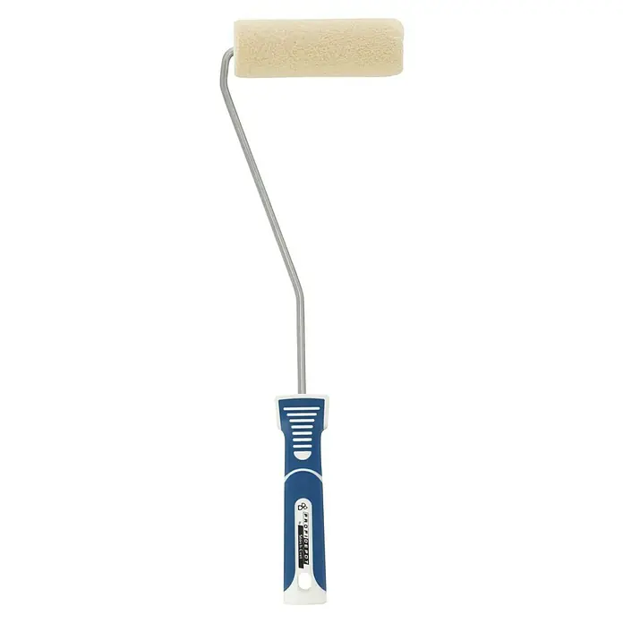 Profi Depot by Storch-Ciret Lackierroller K30 - Breite Walze: 12 cm, Bügelstärke: 6 mm, Bügellänge: 399.999 cm - Bild eines ProfiDepot Stealth Curl Farbrollers mit blau-weißem Griff und cremefarbenem Roller für präzises Streichen.