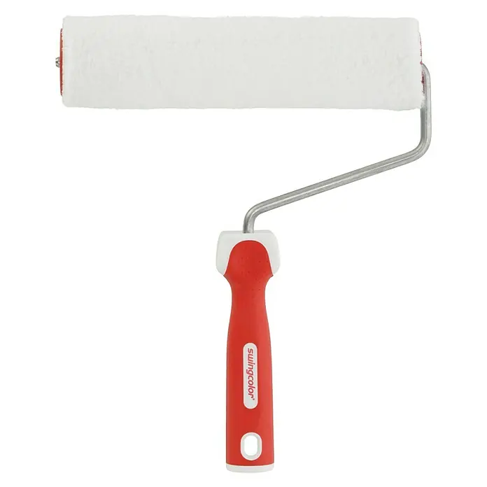 swingcolor Farbroller Spritzfrei-RollerBreite Walze: 25 cm, Bügelstärke: 8 mm - Abbildung einer Farbwalze der Marke Swingcolor mit weißem Bezug und rotem Griff, ideal für gleichmäßiges Auftragen von Farbe auf Oberflächen.