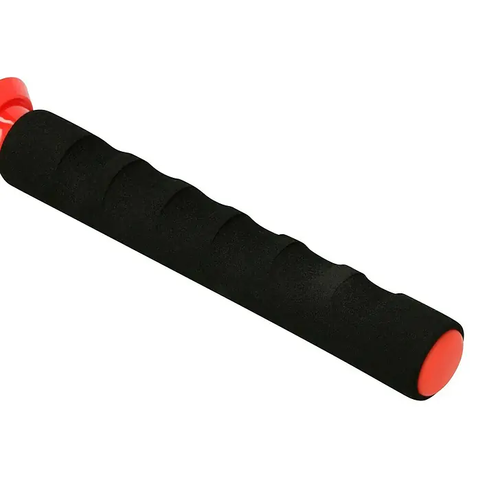 Lehnartz Farbroller Rollex Vario Plus - Breite Walze: 230 mm, Länge Teleskopstange: 400 mm - 800 mm - Nahaufnahme eines schwarzen Schaumstoffgriffs mit roten Endkappen. Der Griff hat eine ergonomische Form für besseren Halt.