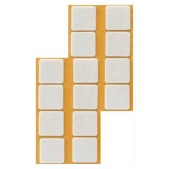 Stabilit Filzgleiter - B x L: 34 x 34 mm, Weiß, Kleben, 16 Stk. - Weiße, quadratische Filz-Möbelgleiter mit abgerundeten Ecken auf orangem Kleberücken.