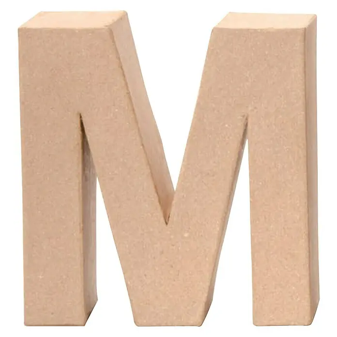 Glorex Papp-Buchstabe - Motiv: M, Pappe, L x B x H: 17,5 x 16 x 5,5 cm - Detailaufnahme eines unbehandelten Holzbuchstabens M, ideal für DIY-Projekte und individuelle Dekorationen im Rohzustand.