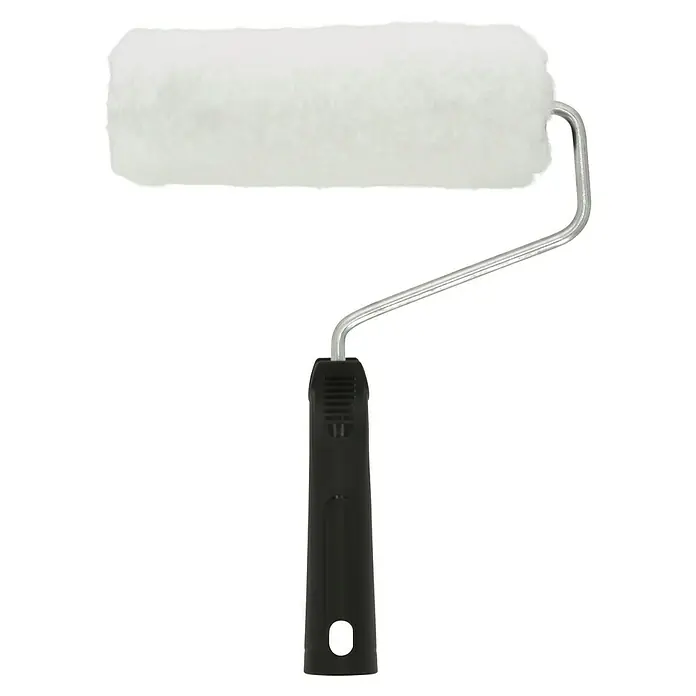 Farbroller-Set - 3 -tlg., Breite Walze: 18 cm - Eine Nahaufnahme einer Farbwalze mit weißem Bezug und schwarzem Griff, ideal zum Streichen von Wänden und Decken.