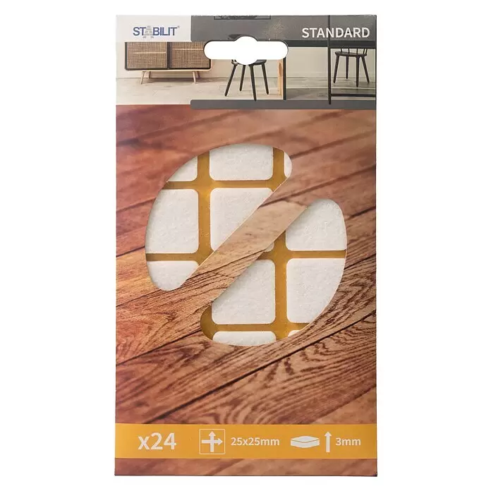 Stabilit Filzgleiter - B x L: 25 x 25 mm, Weiß, Kleben, 24 Stk. - STABILIT Packung mit 24 weißen Filzgleitern, 25x25mm und 3mm dick, zum Schutz von Möbeln.