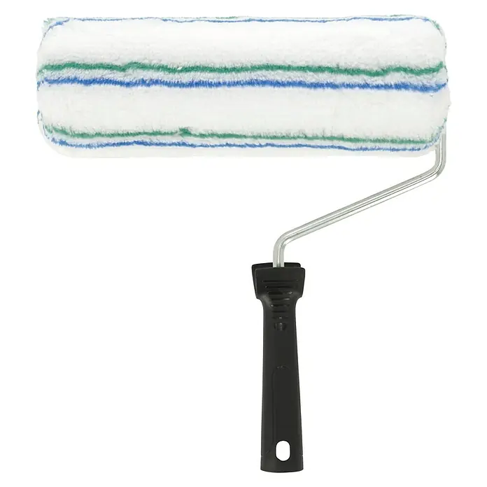 Profi-Farbroller - Breite Walze: 25 cm, Bügelstärke: 8 mm, Florhöhe: 18 mm - Abgebildeter Artikel ist eine Farbwalze mit einem weißen, blau-grün gestreiften Bezug, einem silbernen Rahmen und einem schwarzen Griff.