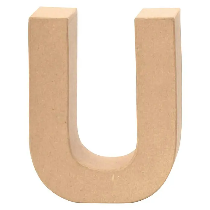 Glorex Papp-Buchstabe - Motiv: U, Pappe, L x B x H: 17,5 x 13 x 5,5 cm - Nahaufnahme des Buchstaben U aus unbehandeltem Holz, perfekt für Bastelarbeiten und individuelle Dekorationen.