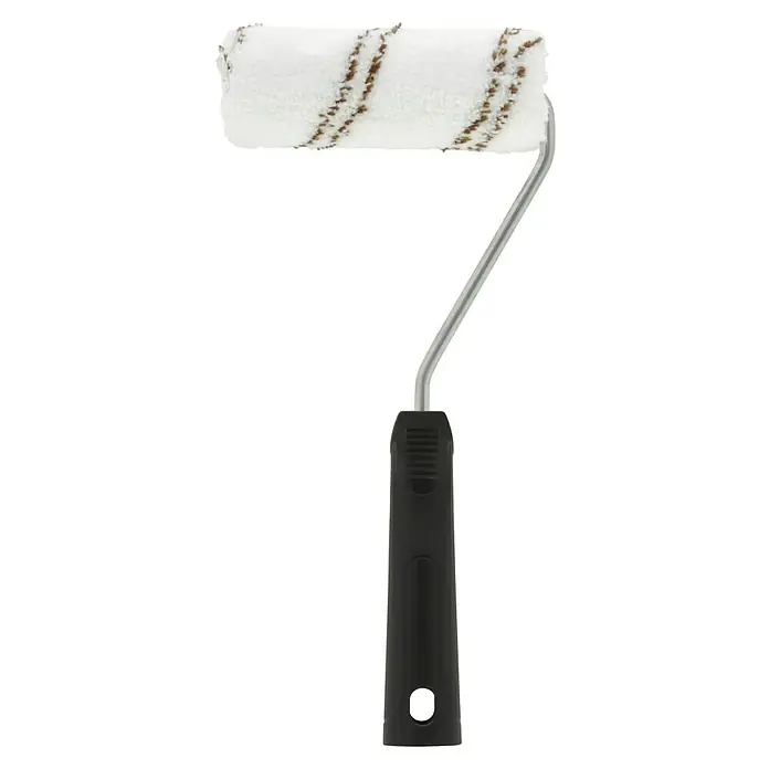 Farbroller-Set Holzschutz-/Lasur-Set - 4 -tlg. - Nahaufnahme einer Farbwalze mit schwarzem Griff und weißem Überzug mit braunen Streifen, ideal für präzise Malerarbeiten.
