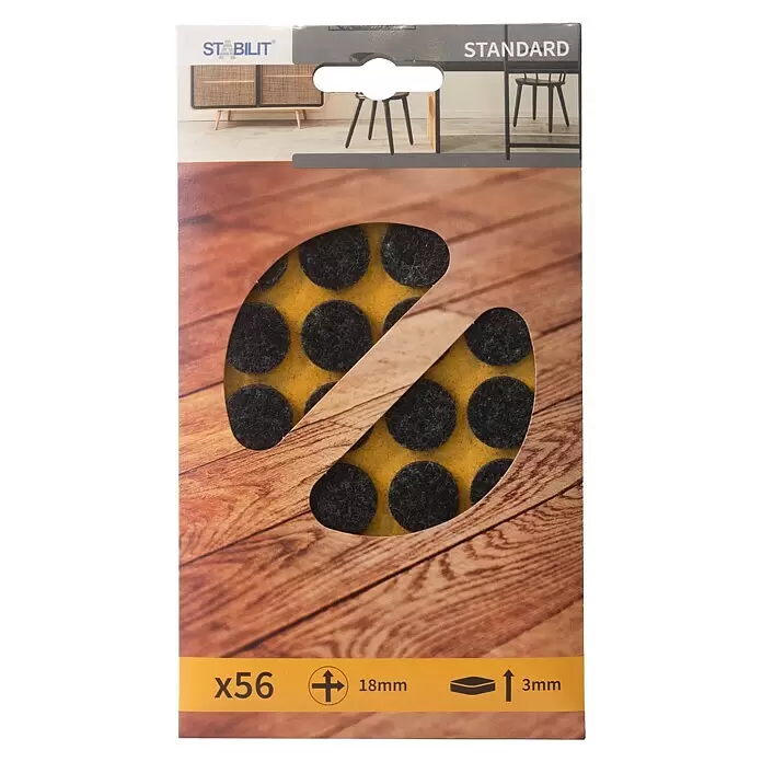 Stabilit Filzgleiter - Durchmesser: 18 mm, Schwarz, Kleben, 56 Stk. - Verpackung mit 56 runden, schwarzen Filzgleitern, 18mm Ø, 3mm dick, zum Schutz von Böden.