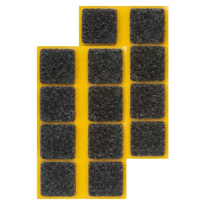 Stabilit Filzgleiter - B x L: 34 x 34 mm, Schwarz, Kleben, 16 Stk. - Dunkelgraue, quadratische Filzgleiter auf gelber Klebefolie.