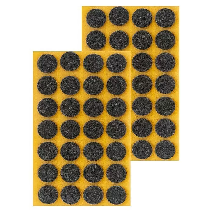 Stabilit Filzgleiter - Durchmesser: 18 mm, Schwarz, Kleben, 56 Stk. - Zwei Bögen dunkelgrauer runder Filzgleiter auf gelber Klebefolie, zum Oberflächenschutz.