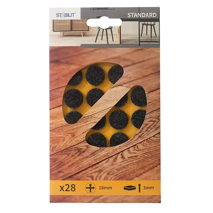Stabilit Filzgleiter - Durchmesser: 18 mm, Schwarz, Kleben, 28 Stk. - Eine Packung Stabilits Standard-Filzgleiter mit 28 Stück, Durchmesser 18mm und Dicke 3mm. Ideal zum Schutz von Böden vor Kratzern durch Möbel.