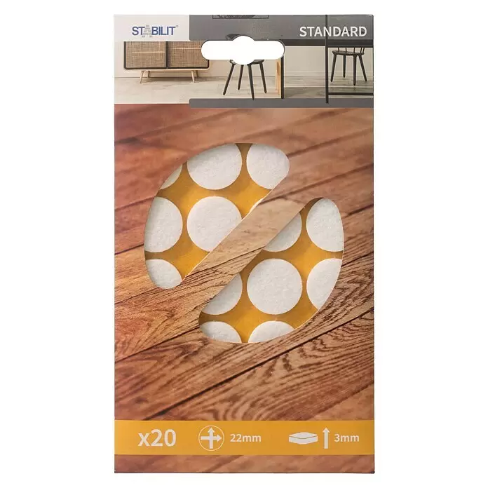 Stabilit Filzgleiter - Durchmesser: 22 mm, Weiß, Kleben, 20 Stk. - Packung mit 20 weißen, runden Filzgleitern, 22mm Durchmesser, 3mm dick, zum Bodenschutz.