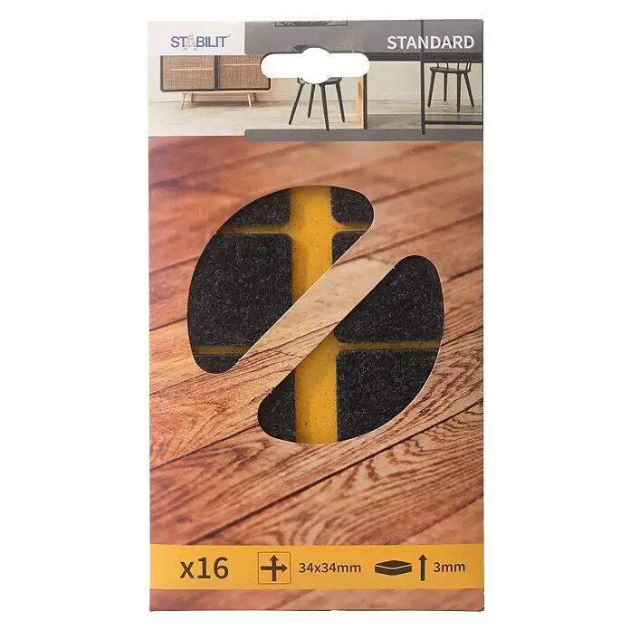 Stabilit Filzgleiter - B x L: 34 x 34 mm, Schwarz, Kleben, 16 Stk. - Packung mit 16 selbstklebenden, quadratischen 34x34x3mm dunkelgrauen Filzgleitern für Möbel und Bodenschutz.