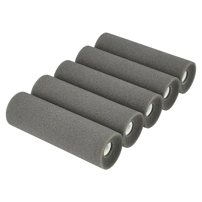 Profi Depot by Storch-Ciret Lackwalze Konkav - 5 Stk., Breite Walze: 11 cm, Bügelstärke: 6 mm - Graue Schaumstoffwalzen für Malerarbeiten in einer Reihe. Die Walzen haben eine glatte Textur und ein Loch in der Mitte für die Montage.