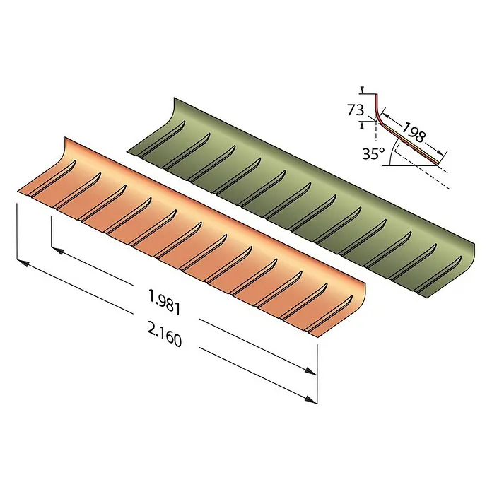 Odem Perfil final vierteaguas - Teja, Largo: 2.160 mm, PVC - Ilustración de dos tiras metálicas de color cobre y oliva con ranuras y medidas de dibujo técnico.
