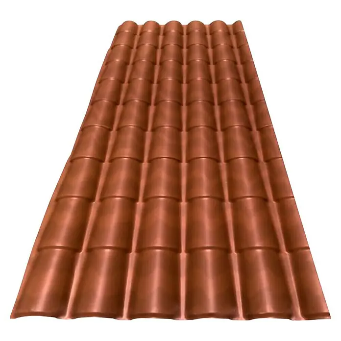 Odem Placa de cubierta Icoppo - Teja, 2,95 m x 99 cm x 2 mm, PVC - Primer plano de un tejado de tejas de terracota, que muestra una construcción de tejado tradicional pero moderna.