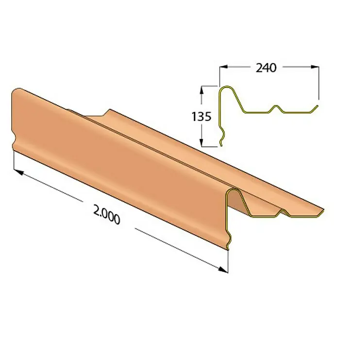Odem Perfil Frontalino - Teja, Largo: 2.000 mm, PVC - Ilustración de un perfil de cubierta recubierto con dimensiones detalladas.
