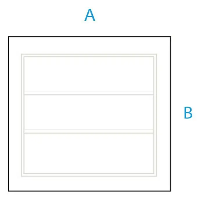 Odem Reja de ventilación con lámina - 19 x 19 cm, Plástico (ABS) - Representación gráfica de un frente de gabinete rectangular blanco con tres compartimentos enmarcados por un contorno negro.