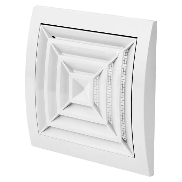Odem Rejilla de ventilación con red para techo Ø 12,5 - 19 x 19 cm, Diámetro: 12,5 cm, Plástico (ABS) - Rejilla de ventilación cuadrada blanca con diseño piramidal, ideal para interiores modernos.