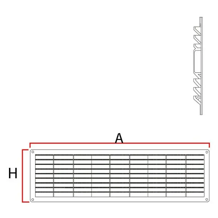 Odem Rejilla de ventilación - 15 x 38 cm, Plástico - Dibujo técnico de una rejilla de ventilación con las dimensiones A y H. La rejilla tiene un diseño rectangular con muchas barras horizontales.