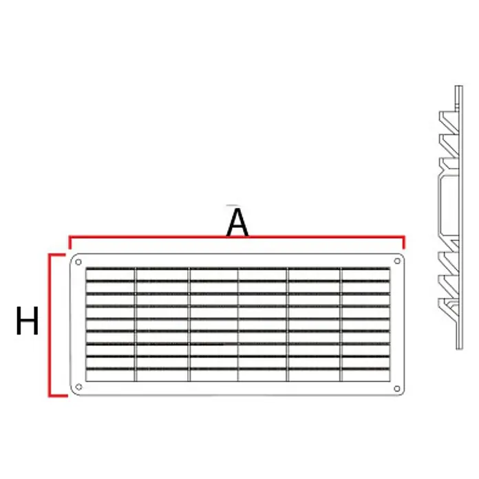 Odem Rejilla de ventilación - 23 x 43 cm, Plástico - Ilustración de una rejilla de ventilación rectangular con dimensiones A y H, mostrada en un dibujo técnico.