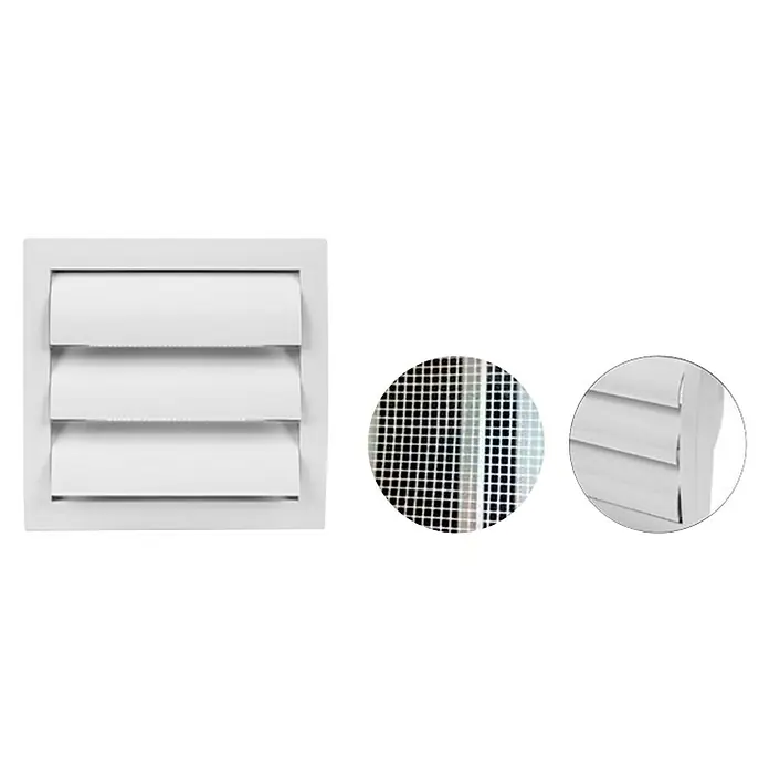 Odem Reja de ventilación con lámina - 19 x 19 cm, Plástico (ABS) - Primer plano de una persiana de ventilación blanca con mosquitera, ideal para baños y otras estancias que requieran buena ventilación.