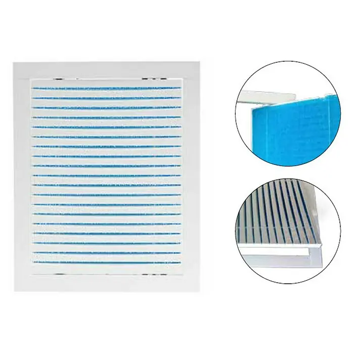 Odem Rejilla de ventilación con filtro - 15 x 15 cm, Plástico (ABS) - La imagen muestra una persiana interior con rayas azules y vistas detalladas de las lamas y la construcción.