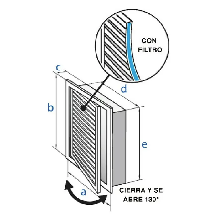 Odem Rejilla de ventilación con filtro - 15 x 15 cm, Plástico (ABS) - Ilustración de una rejilla de ventilación con filtro y dimensiones para la instalación.
