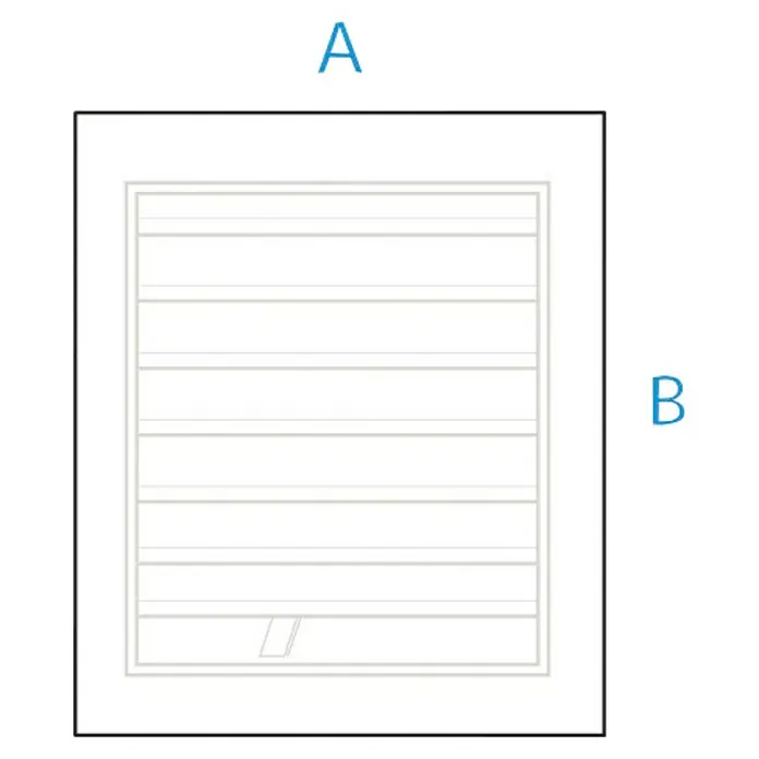 Odem Rejilla de ventilación con regulador - 14 x 30 cm, Plástico (ABS) - Imagen de una rejilla de extracción de aire rectangular blanca con láminas horizontales y dimensiones A y B.