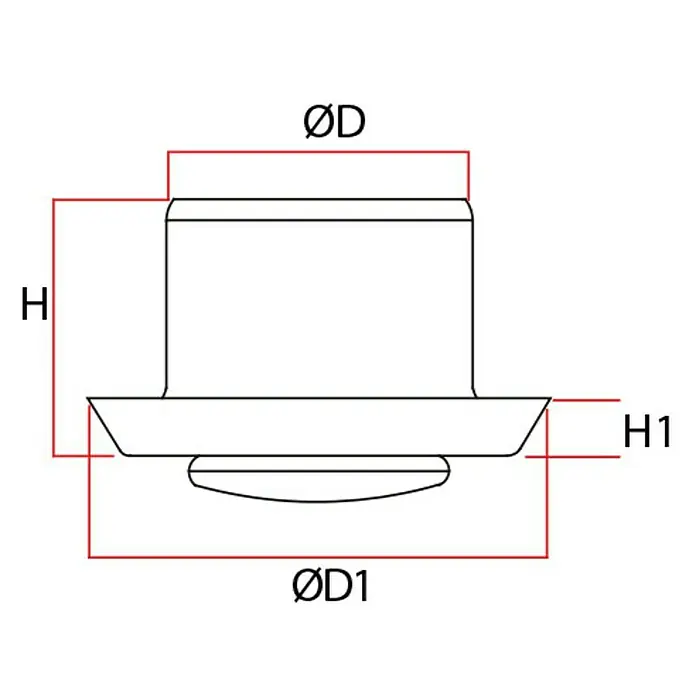 Odem Válvula de extracción PP Ø15CM - Diámetro: 15 cm - Dibujo técnico de una válvula con las dimensiones ØD, ØD1, H y H1, mostradas en rojo sobre un fondo blanco.