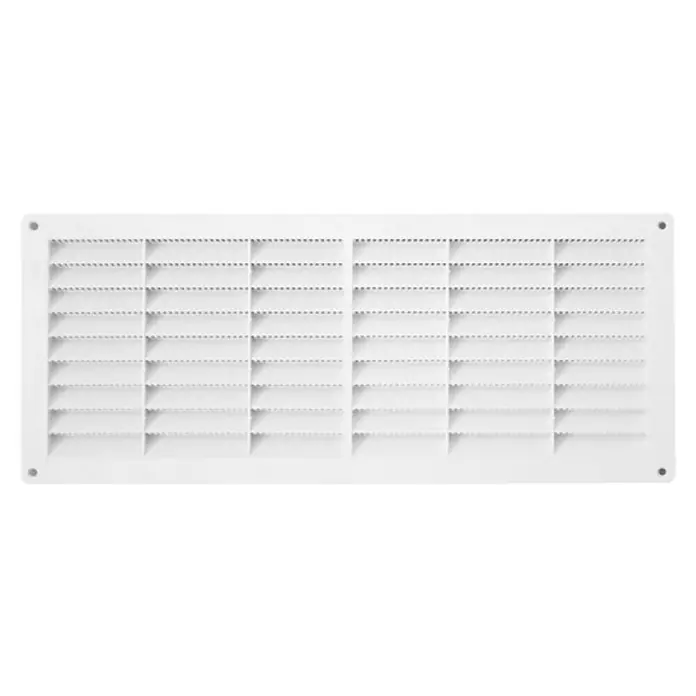 Odem Rejilla de ventilación - 15 x 38 cm, Plástico - Rejilla de ventilación blanca con láminas horizontales y orificios de montaje para instalación en pared o techo, ideal para aire limpio.