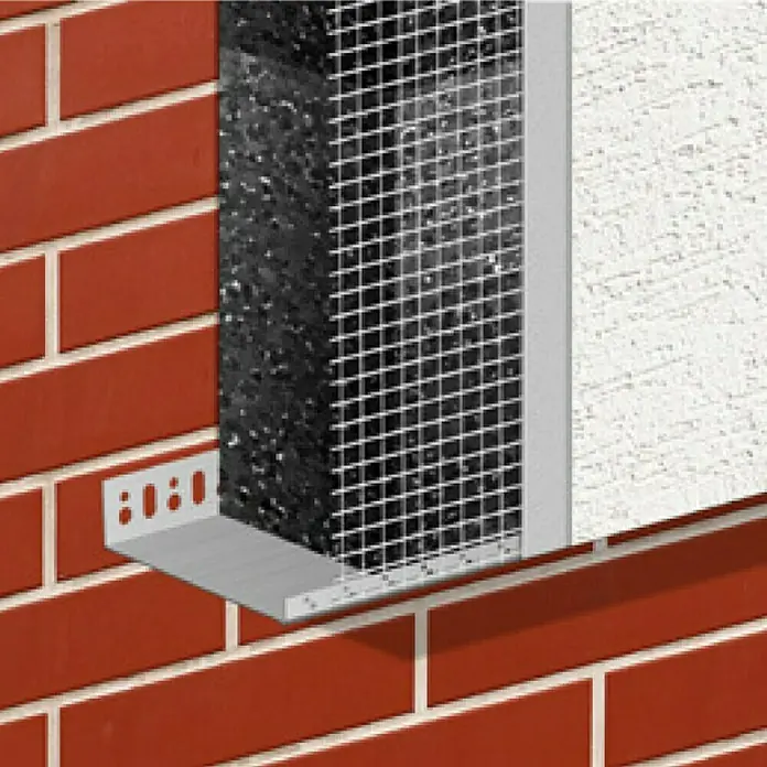 Odem Perfil de arranque sate - L x An: 2,5 m x 83 mm, Espesor: 0,5 mm, Aluminio - Primer plano de una construcción de fachada con aislamiento, malla de refuerzo y perfil de yeso sobre una pared de ladrillo. Ideal para construcción.