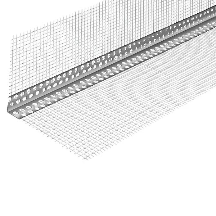 Odem Perfil angular con malla - L x An x Al: 2,5 m x 120 mm x 80 mm, Aluminio, Blanco - Primer plano de un perfil esquinero con malla para yeso. El producto protege esquinas y bordes durante el enyesado y garantiza acabados limpios.