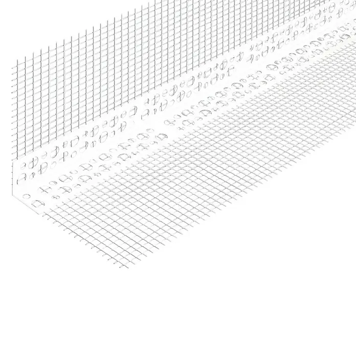 Odem Perfil angular con malla - L x An x Al: 2,5 m x 120 mm x 80 mm, Plástico, Blanco - Primer plano de un cantonera blanca con estructura de malla, utilizada para enlucir y proteger las esquinas de daños.
