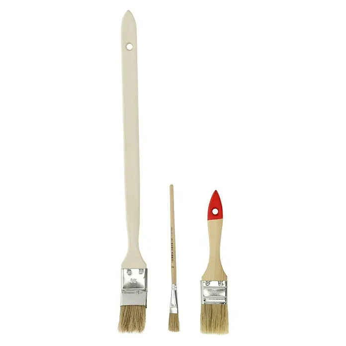 Profi-Renovier-Set - 8 -tlg. - Drei Pinsel in verschiedenen Größen, einer mit rotem Griff, für Malerarbeiten und Heimwerkerprojekte.