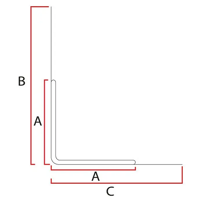 Odem Perfil angular con malla - L x An x Al: 2,5 m x 120 mm x 80 mm, Aluminio, Blanco - Imagen del producto de un perfil metálico en forma de L con dimensiones A, B y C, indicadas en el dibujo.