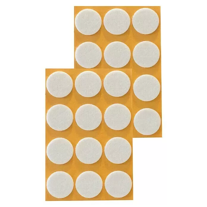 Stabilit Filzgleiter - Durchmesser: 28 mm, Weiß, Kleben, 24 Stk. - Runde weiße Filzgleiter für Möbel auf orangefarbener Trägerfolie.