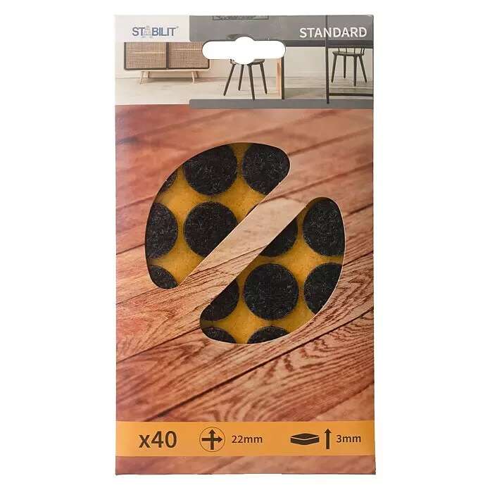 Stabilit Filzgleiter - Durchmesser: 22 mm, Schwarz, Kleben, 40 Stk. - 40 schwarze Filzgleiter, 22mm Durchmesser, 3mm dick, in Verpackung mit Möbelabbildung.