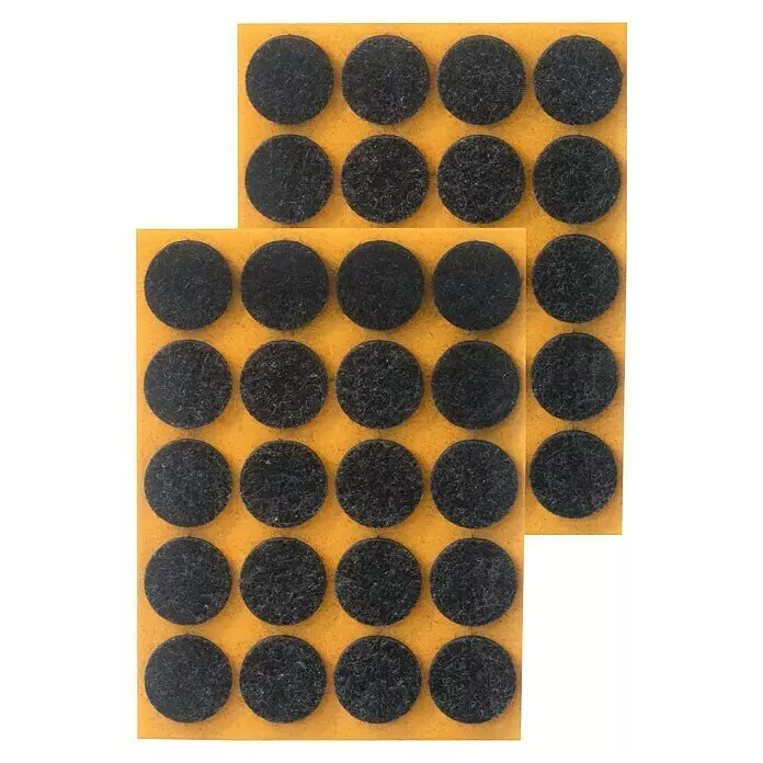 Stabilit Filzgleiter - Durchmesser: 22 mm, Schwarz, Kleben, 40 Stk. - Schwarze runde Filzgleiter für Möbel auf einem gelben Klebeblatt, zum Schutz von Böden.