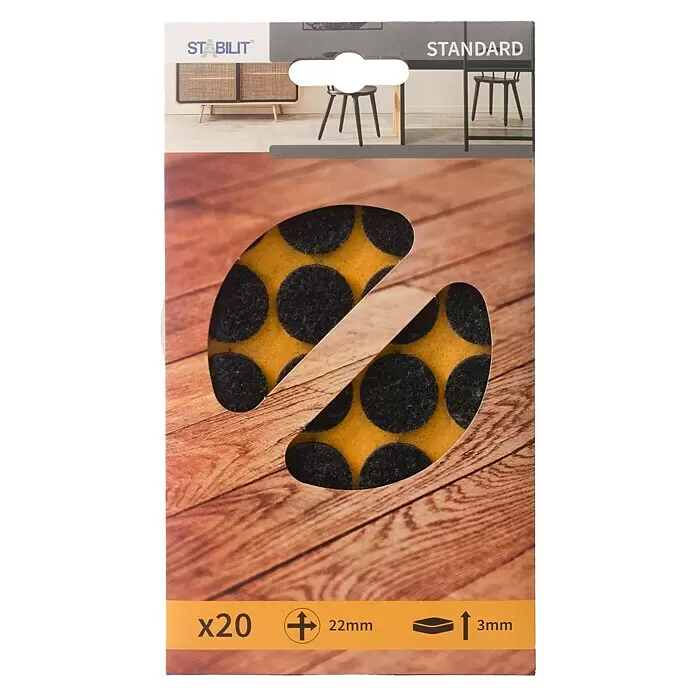Stabilit Filzgleiter - Durchmesser: 22 mm, Schwarz, Kleben, 20 Stk. - Packung mit 20 runden schwarzen Filzgleitern, 22mm Durchmesser, 3mm dick, zum Bodenschutz.