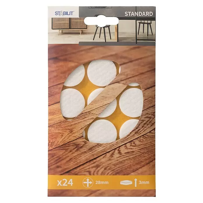 Stabilit Filzgleiter - Durchmesser: 28 mm, Weiß, Kleben, 24 Stk. - Packung mit 24 runden weißen Filzgleitern, 28mm Durchmesser, 3mm dick, für Bodenschutz.