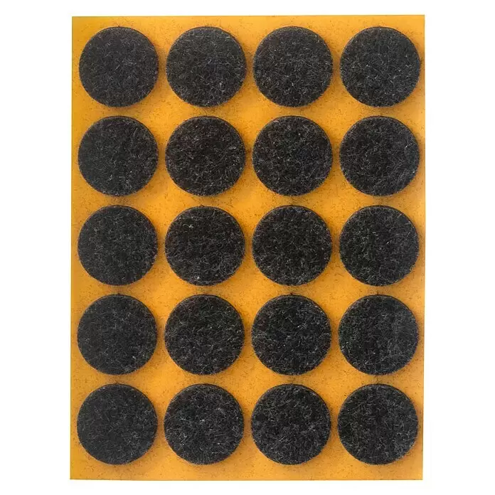 Stabilit Filzgleiter - Durchmesser: 22 mm, Schwarz, Kleben, 20 Stk. - Blatt schwarze Filzmöbelpads auf gelber Unterlage zum Oberflächenschutz.