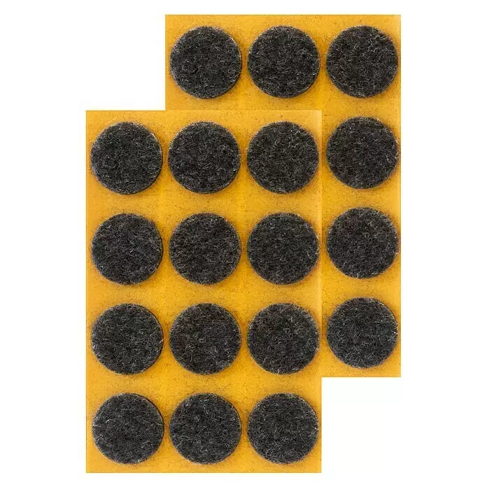 Stabilit Filzgleiter - Durchmesser: 28 mm, Schwarz, Kleben, 24 Stk. - Dunkelgraue runde Filzgleiter auf einem gelben Klebeblatt.