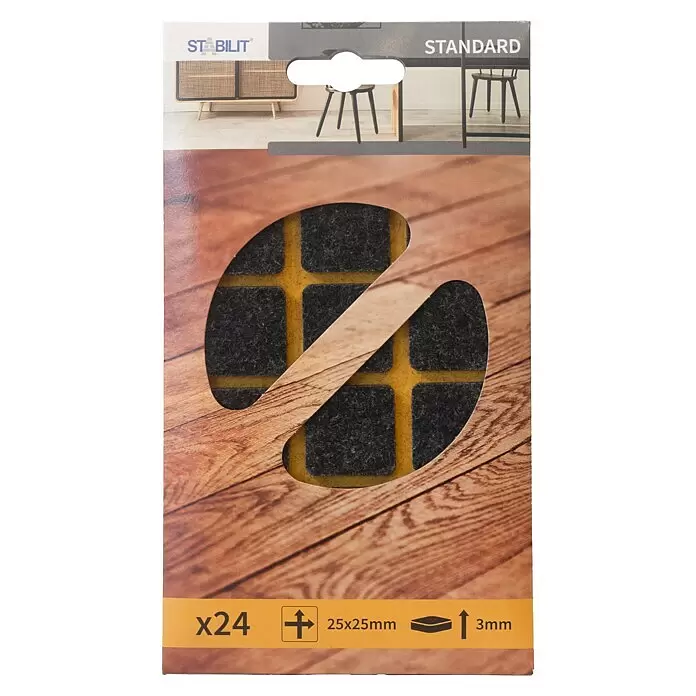 Stabilit Filzgleiter - B x L: 25 x 25 mm, Schwarz, Kleben, 24 Stk. - Packung mit 24 dunkelgrauen quadratischen Filzgleitern, 25x25mm, 3mm dick, zum Bodenschutz.